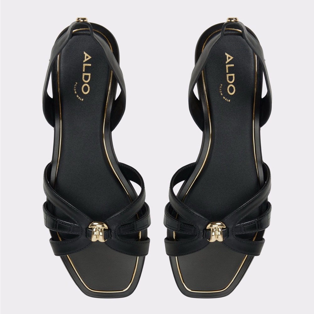 Aldo Black Strappy Sandals with Gold Accents